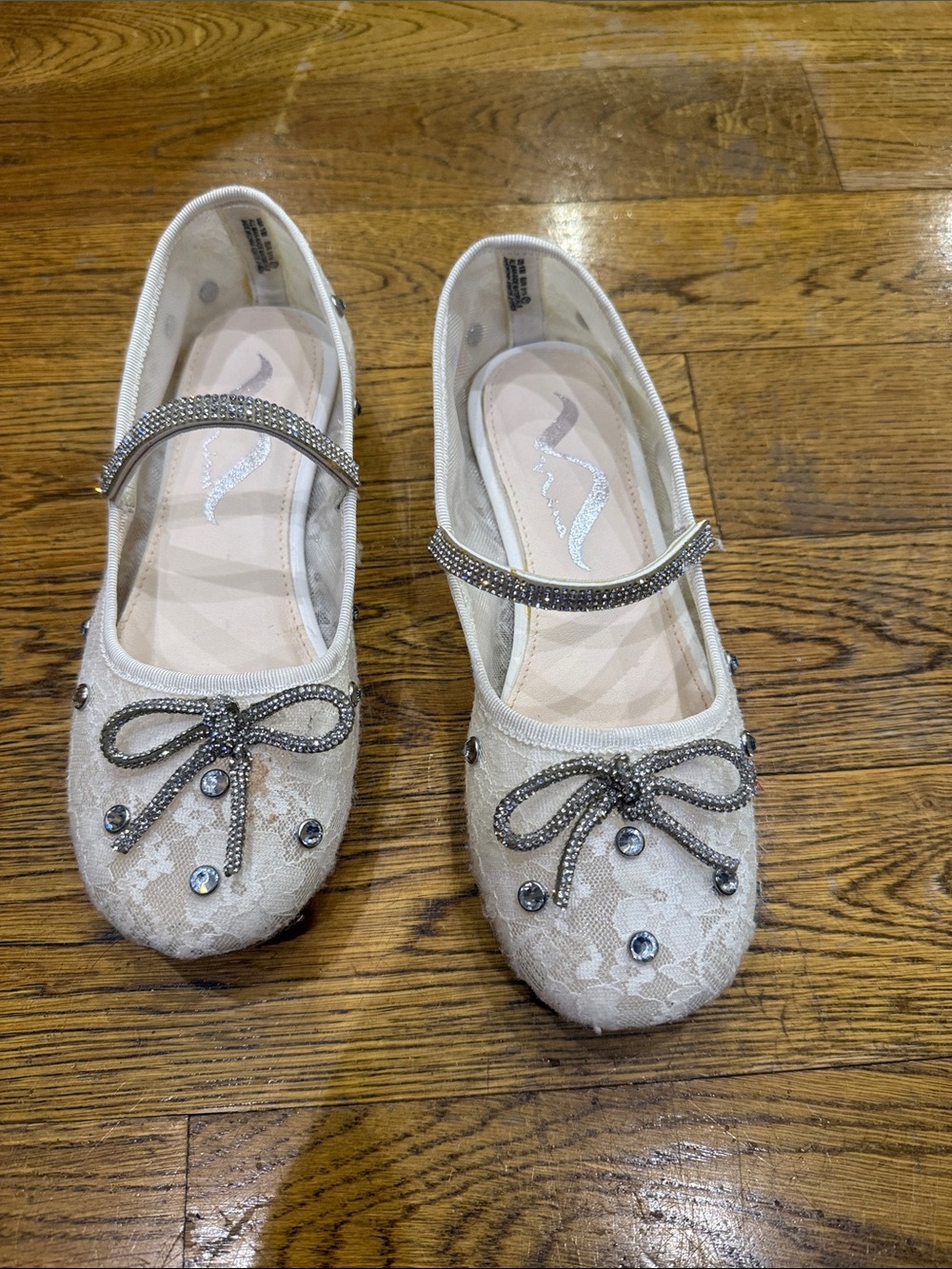 Nina Cream Lace Mary Jane Flats with Rhinestone Bow Detail